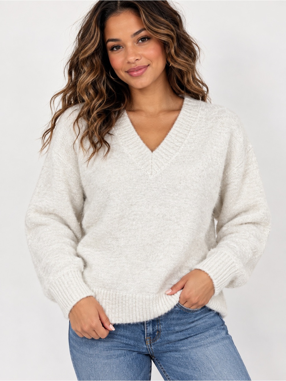 Aerie White Cozy Oversized V-Neck Sweater Small Petite